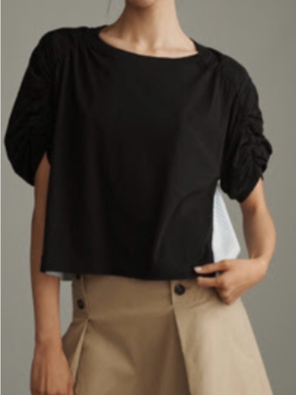 Anthropologie Black Short-Sleeve Ruched-Sleeve Boxy Tee